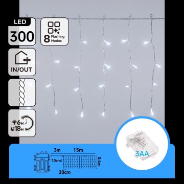 Aigostar - LED ulkokäyttöön tarkoitettu jouluvaloketju 300 LED / 8 toimintoa 3 x AA 18 x 0,4 m IP44 kylmänvalkoinen