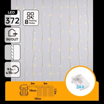 Aigostar - LED-ulkokäyttöön tarkoitettu jouluvaloketju 372 LEDiä / 8 toimintoa, 3 x AA, 6 x 1,2 m, IP44, lämmin valkoinen