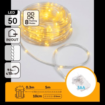 Aigostar - LED ulkokäyttöön tarkoitettu jouluvaloketju 50xLED/8 toimintoa 3xAA 5,3 m IP44 lämmin valkoinen