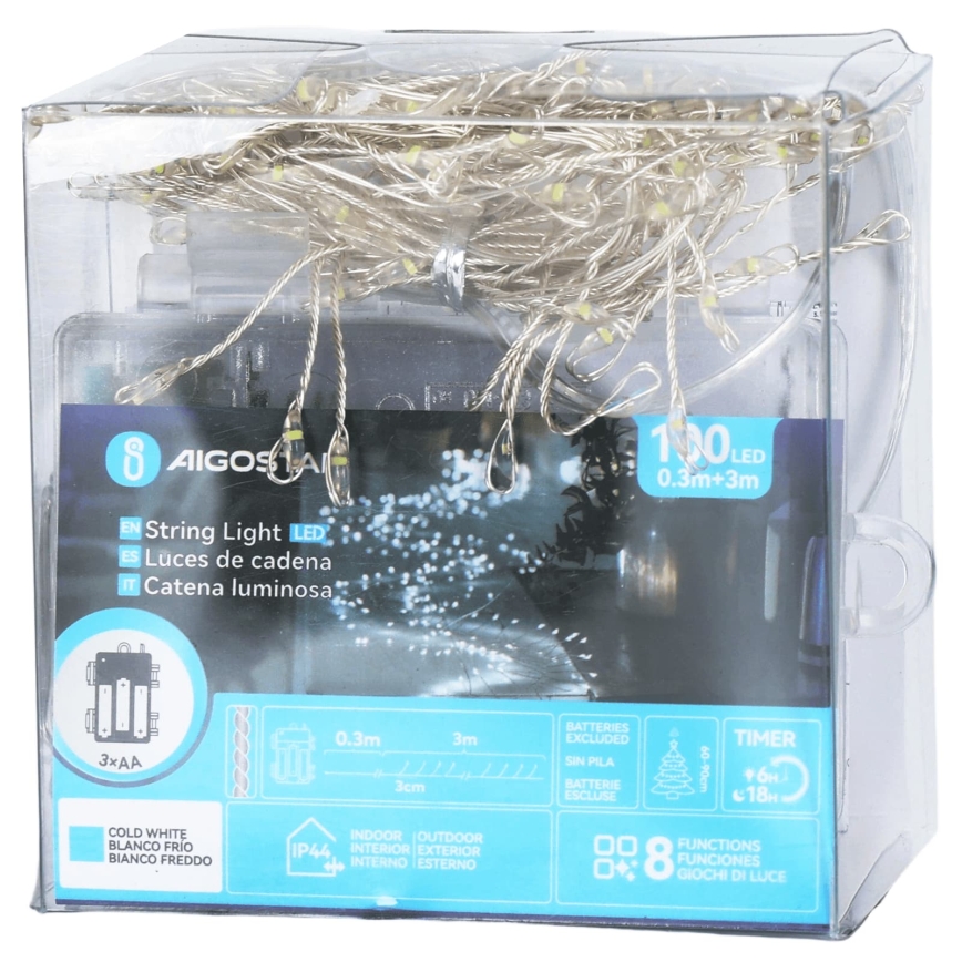 Aigostar - LED ulkokäyttöön sopiva jouluvalosarja 100xLED/8 toimintoa 3xAA 3,3m IP44 kylmänvalkoinen