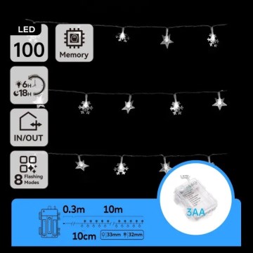 Aigostar - LED ulkokäyttöön tarkoitettu jouluvalosarja 100xLED/8 toimintoa 3xAA 10 m IP44 kylmänvalkoinen