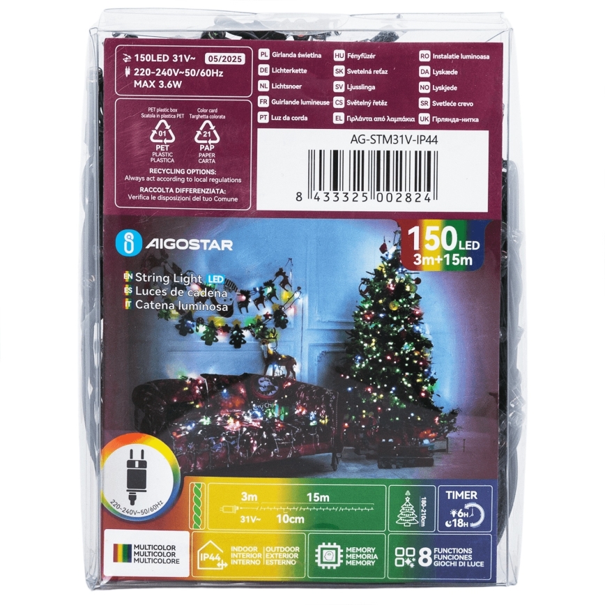 Aigostar - LED-ulkokäyttöön tarkoitettu jouluvalosarja 150 LED, 8 toimintoa, 18 m, IP44, monivärinen