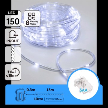 Aigostar - LED ulkokäyttöön tarkoitettu jouluvalosarja 150xLED/8 toimintoa 3xAA 15,3m IP44 kylmänvalkoinen