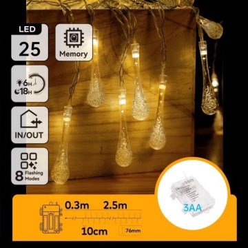 Aigostar - LED ulkokäyttöön tarkoitettu jouluvalosarja 25xLED/8 toimintoa 3xAA 2,5 m IP44 lämmin valkoinen pisaranmuotoiset