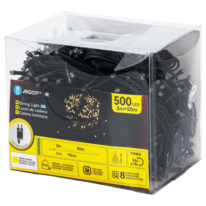 Aigostar - LED-ulkojouluvaloketju 500xLED/8 toimintoa 50m IP44 lämmin valkoinen
