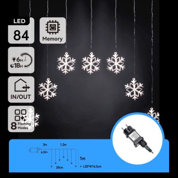 Aigostar - LED Ulkokäyttöön tarkoitettu jouluvalosarja 84xLED/8 toimintoa 1,2x1m IP44 kylmänvalkoinen lumihiutaleet