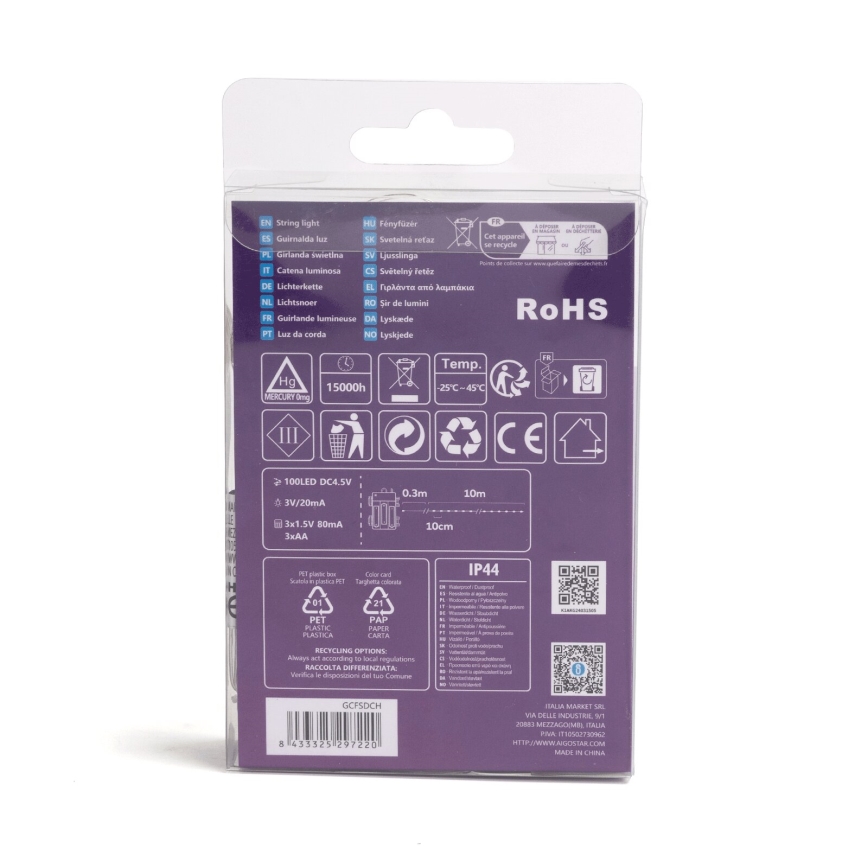 Aigostar -LED Ulkokäyttöön tarkoitettu joulukoristesarja 100xLED/8 toimintoa 3xAA 10,3m IP44 lämmin valkoinen