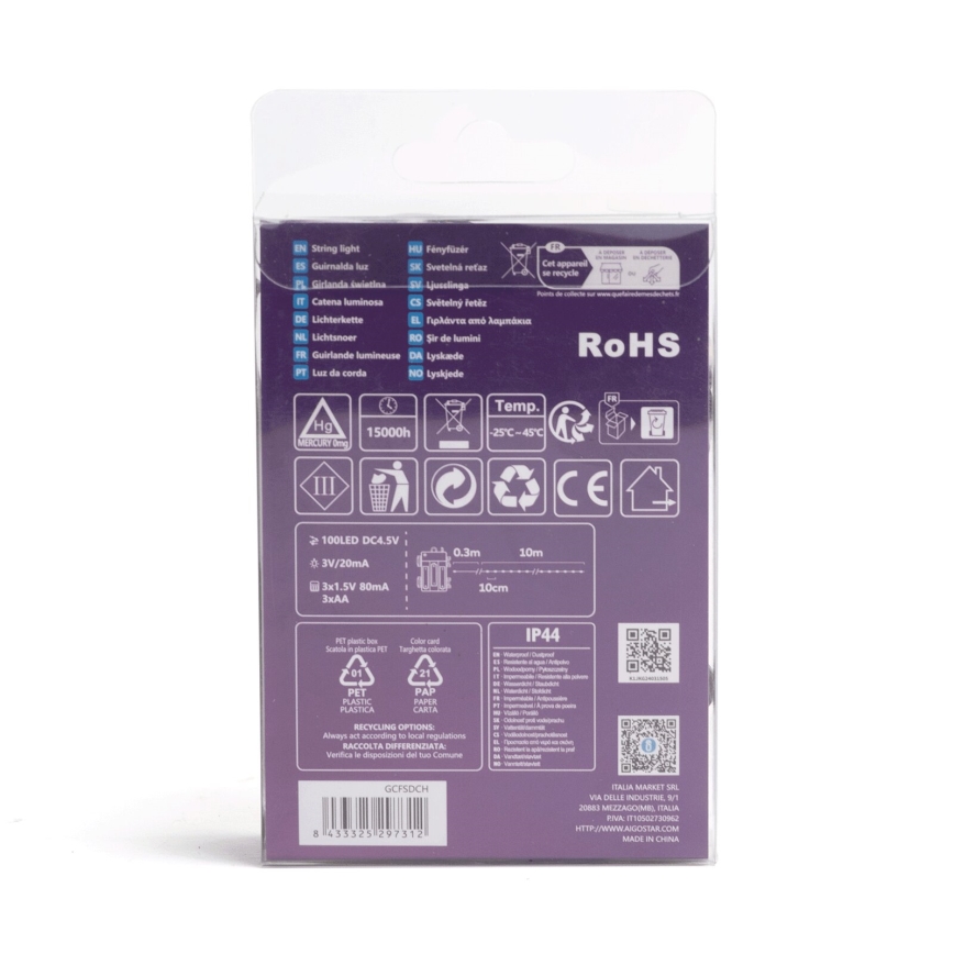 Aigostar - LED Ulkovalaistuksen jouluköynnös 100xLED/8 toimintoa 3xAA 10,3m IP44 lämmin valkoinen