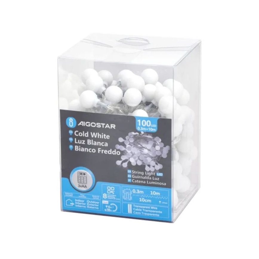 Aigostar - LED-ulkoketju 100xLED/3xAA/8 toimintoa 10,3 m IP44 kylmävalkoinen