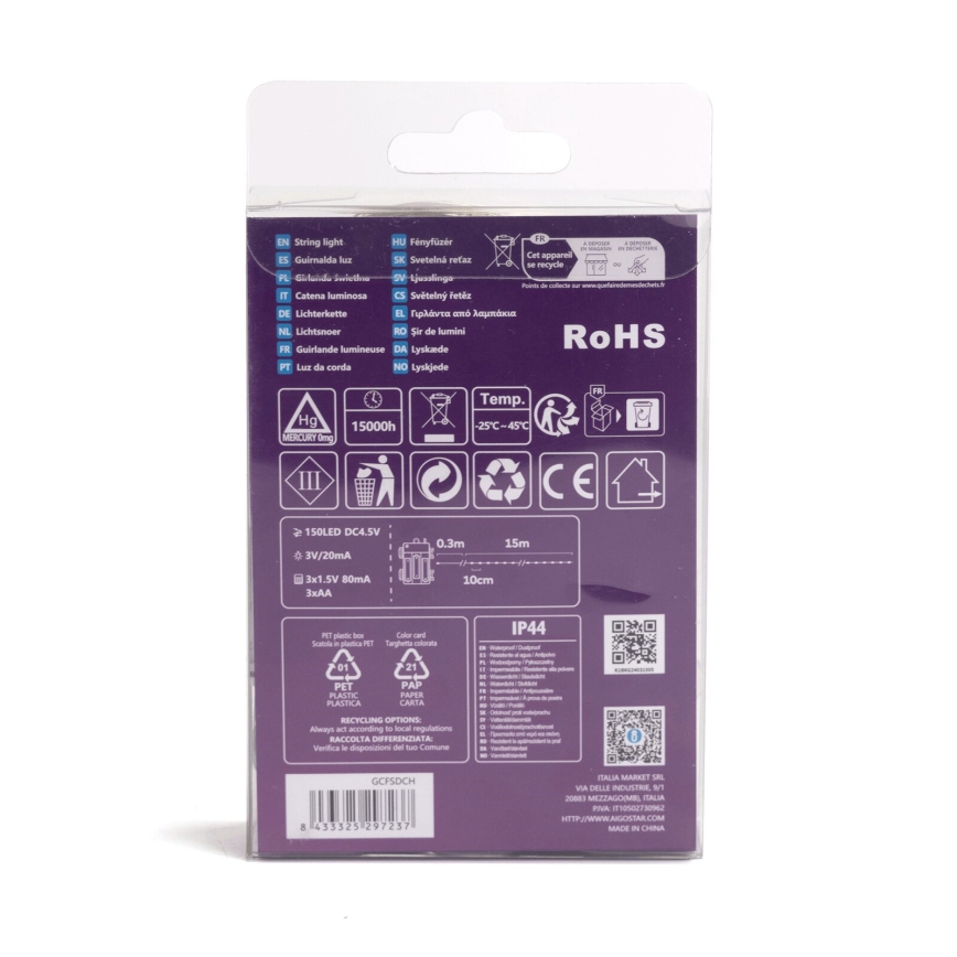 Aigostar -LED Ulkokäyttöön tarkoitettu joulukoristevalosarja 150xLED/8 toimintoa 3xAA 15,3m IP44 lämmin valkoinen