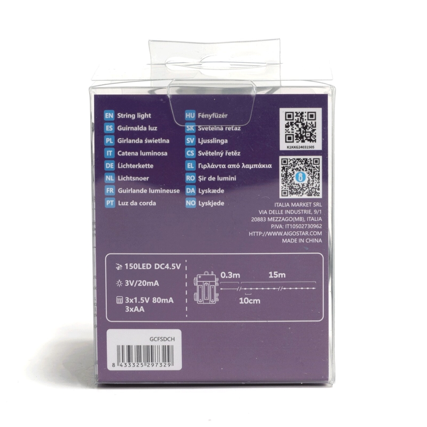 Aigostar -LED Ulkokäyttöön tarkoitettu joulukoristevalosarja 150xLED/8 toimintoa 3xAA 15,3m IP44 lämmin valkoinen