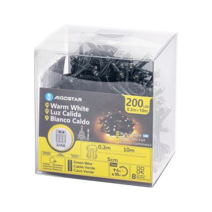Aigostar - LED-ulkojouluvalosarja 200xLED/8 toimintoa 3xAA 10,3m IP44 lämmin valkoinen