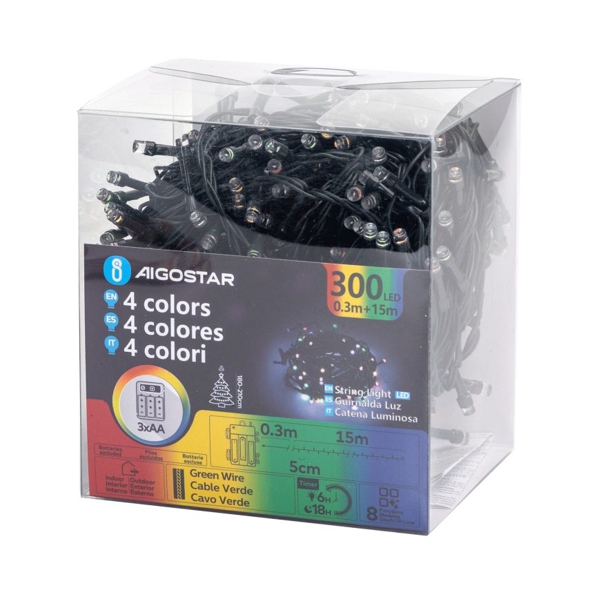 Aigostar - LED-ulkoketju 300xLED/8 toimintoa 3xAA 15,3 m IP44 monivärinen
