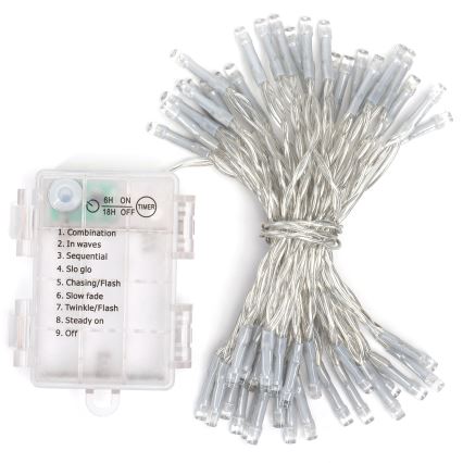 Aigostar -LED Ulkokäyttöön tarkoitettu joulukoristevalosarja 50xLED/8 toimintoa 3xAA 5,3m IP44 kylmä valkoinen