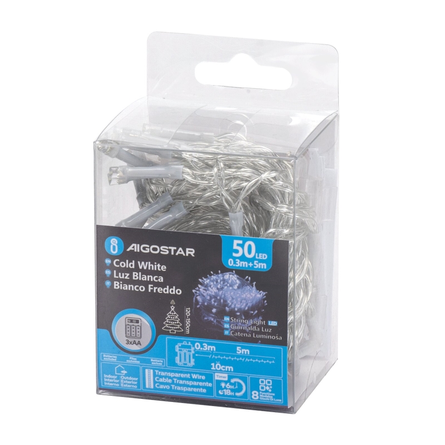 Aigostar -LED Ulkokäyttöön tarkoitettu joulukoristevalosarja 50xLED/8 toimintoa 3xAA 5,3m IP44 kylmä valkoinen