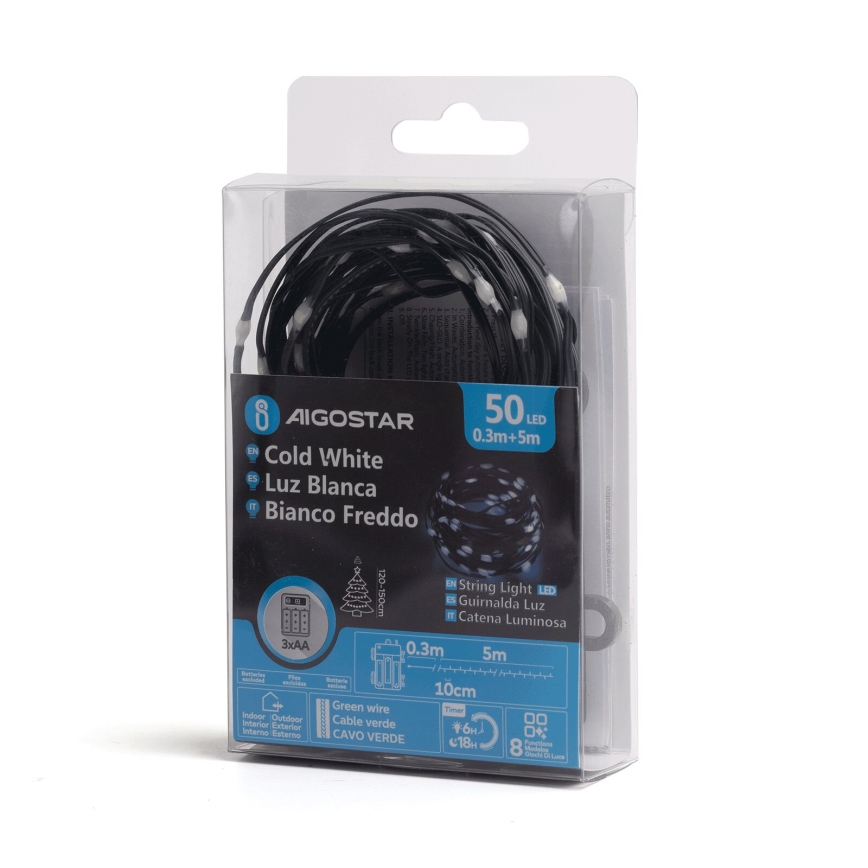 Aigostar -LED Ulkokäyttöön tarkoitettu joulukoristevalosarja 50xLED/8 toimintoa 3xAA 5,3m IP44 kylmä valkoinen