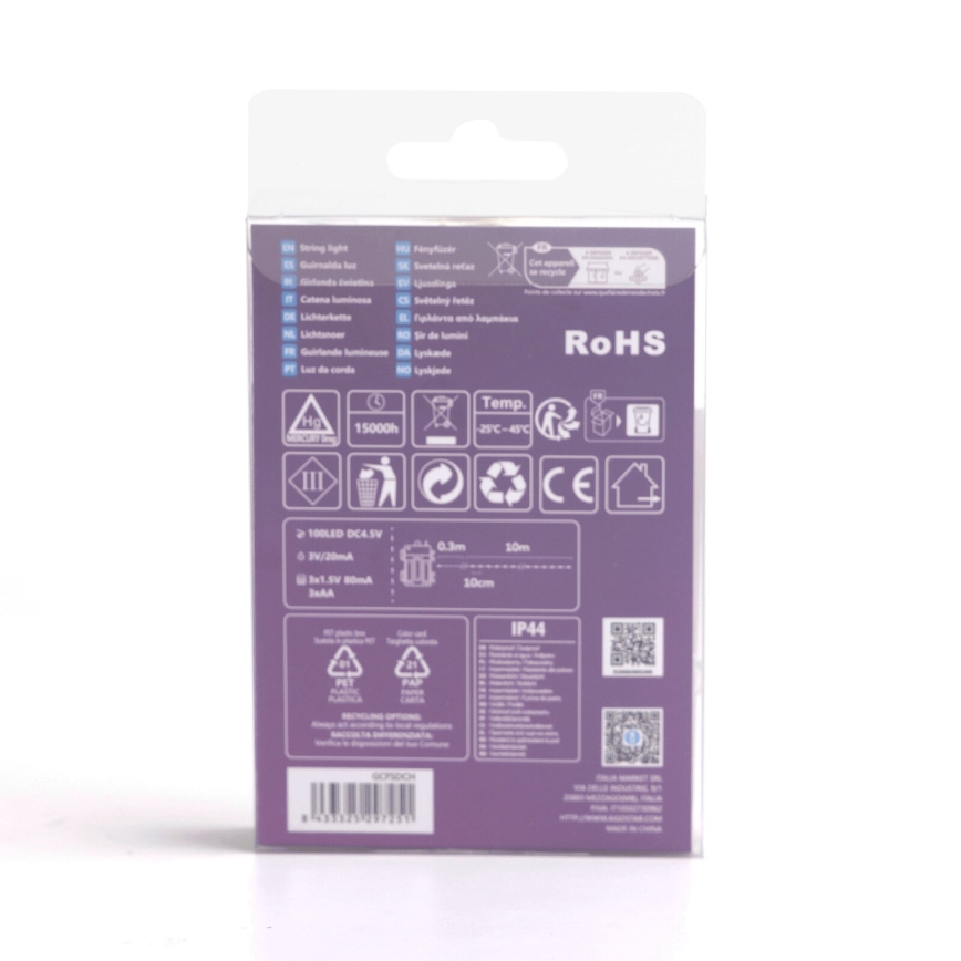 Aigostar - LED Ulkokäyttöön tarkoitettu joulukoristevalosarja 100xLED/8 toimintoa/3xAA 10,3m IP44 kylmä valkoinen