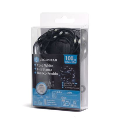 Aigostar - LED Ulkokäyttöön tarkoitettu joulukoristevalosarja 100xLED/8 toimintoa/3xAA 10,3m IP44 kylmä valkoinen