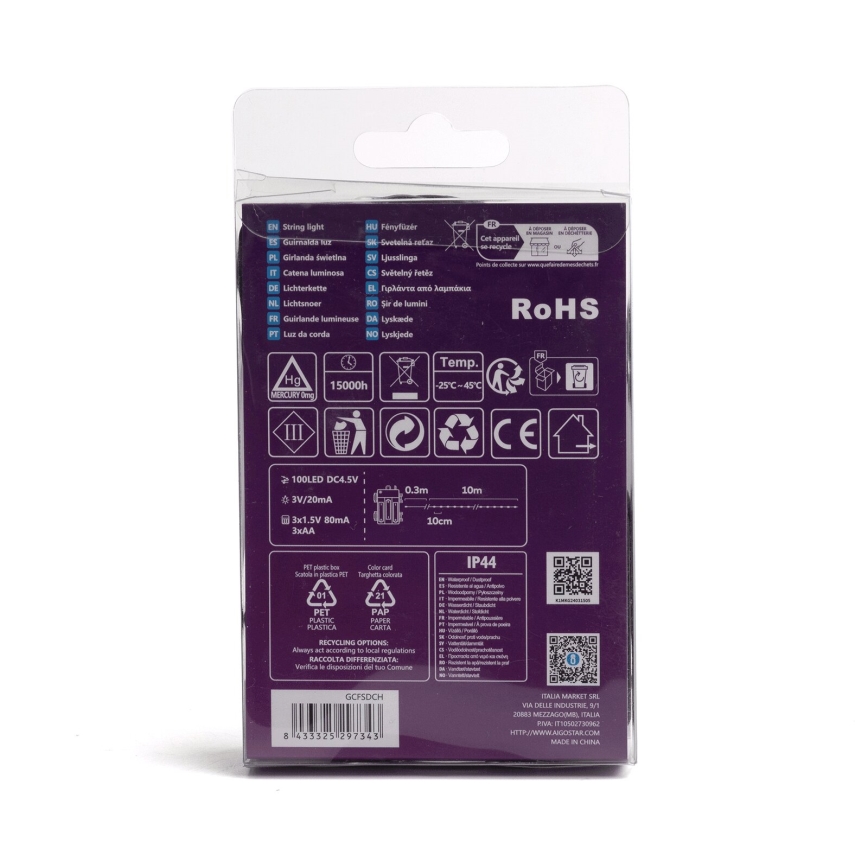 Aigostar - LED Ulkokäyttöön tarkoitettu joulukoristevalosarja 100xLED/8 toimintoa/3xAA 10,3m IP44 kylmä valkoinen