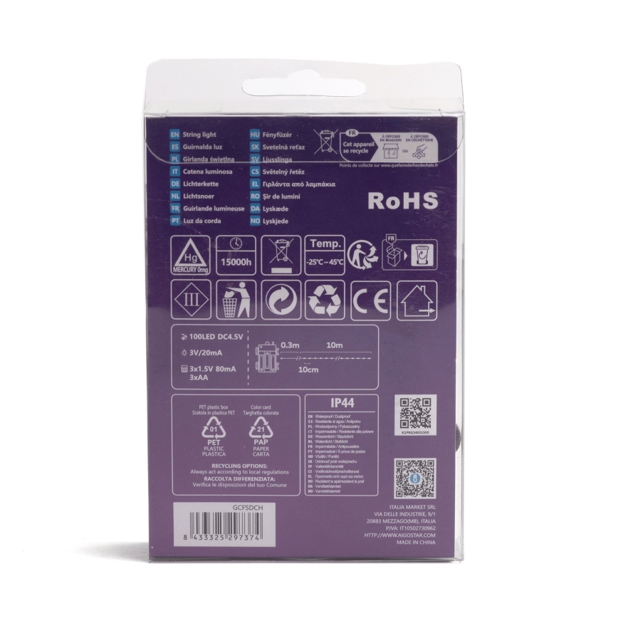 Aigostar-LED Ulkokäyttöön tarkoitettu joulukoristevalosarja 100xLED/8 toimintoa 3xAA 10,3m IP44 monivärinen