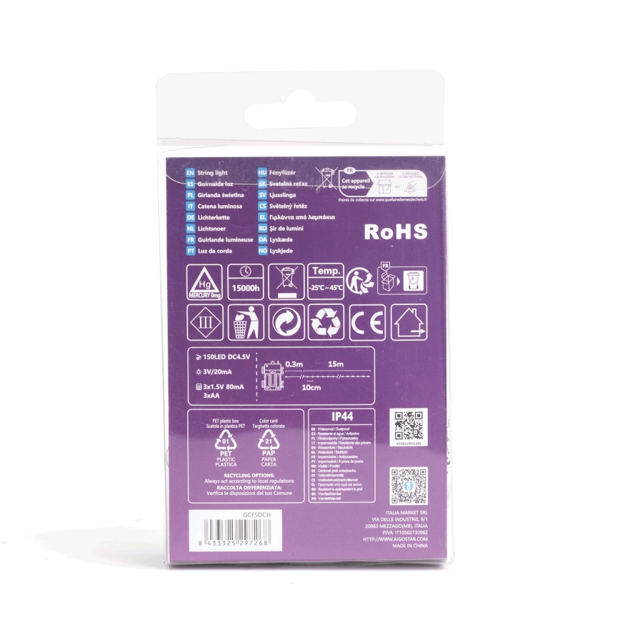 Aigostar - LED Ulkokäyttöön tarkoitettu joulukoristevalosarja 150xLED/8 toimintoa/3xAA 15,3m IP44 kylmä valkoinen