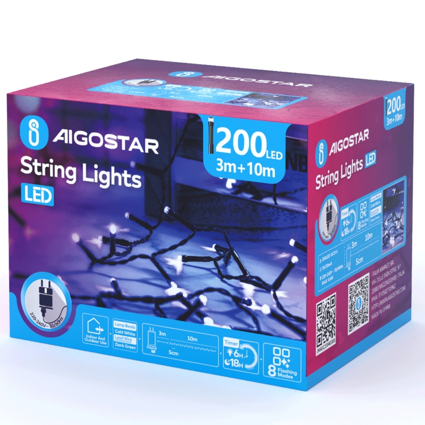 Aigostar - LED Ulkokäyttöön tarkoitettu joulukoristevalosarja 200xLED/8 toimintoa 13m IP44 kylmän valkoinen