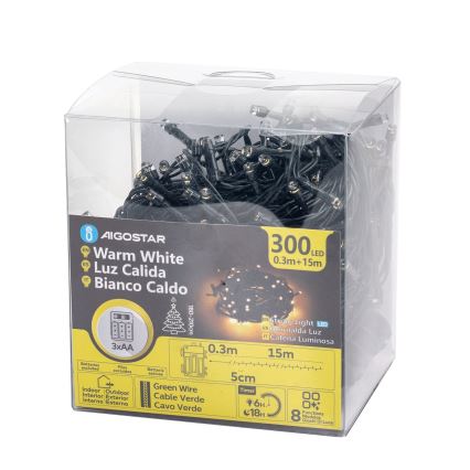 Aigostar-LED Ulkokäyttöön tarkoitettu joulukoristevalosarja 300xLED/8 toimintoa 3xAA 15,3m IP44 lämmin valkoinen