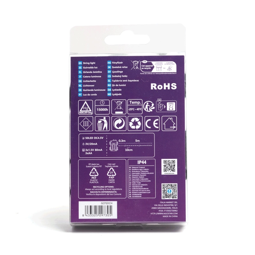 Aigostar - LED Ulkokäyttöön tarkoitettu joulukoristesarja 50xLED/8 toimintoa 3xAA 5,3m IP44 lämmin valkoinen
