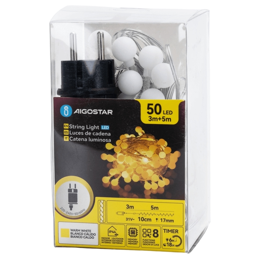 Aigostar - LED-ulkokäyttöinen koristevalosarja 50 x LED / 8 toimintoa, 5 m, IP44, lämmin valkoinen
