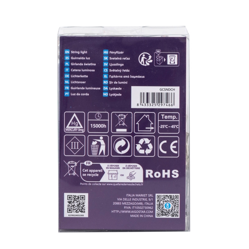 Aigostar -LED Ulkokäyttöön tarkoitettu joulukoristevalosarja 100xLED/8 toimintoa 3xAA 10,3m IP44 monivärinen