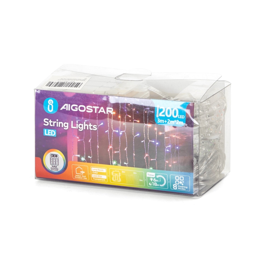 Aigostar - LED-ulkojouluvalosarja 200xLED/8 toimintoa 3xAA 5x2m IP44 moniväri