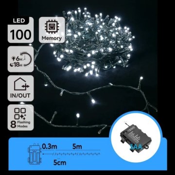 Aigostar - LED-ulkovaloketju 100 LED / 8 toimintoa 3xAA 5,3 m IP44 kylmänvalkoinen