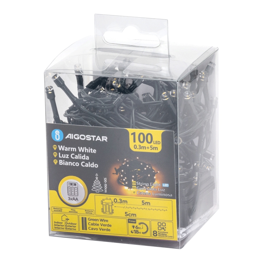 Aigostar - LED-ulkovalosarja 100 LEDiä, 8 toimintoa, 3xAA, 5,3 m, IP44, lämmin valkoinen