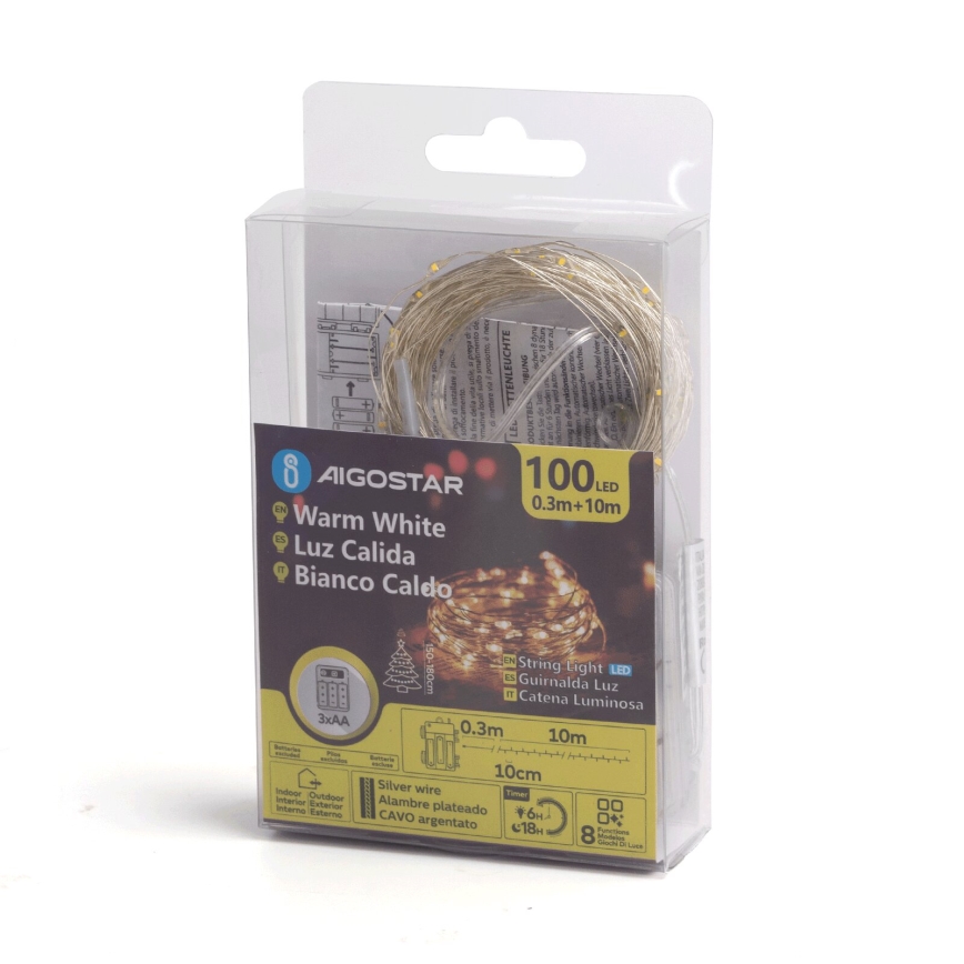 Aigostar - LED-ulkovaloketju 100 x LED, 8 toimintoa, 3 x AA, 10,3 m, IP44, lämmin valkoinen