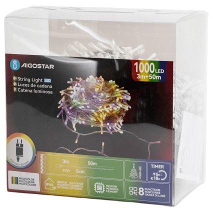 Aigostar - LED-ulkovaloketju 1000 LED, 8 toimintoa, 53 m, IP44, monivärinen
