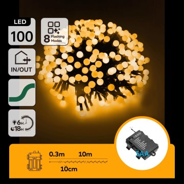 Aigostar - LED-ulkovaloketju 100xLED/8 toimintoa 3xAA 10,3m IP44 lämmin valkoinen