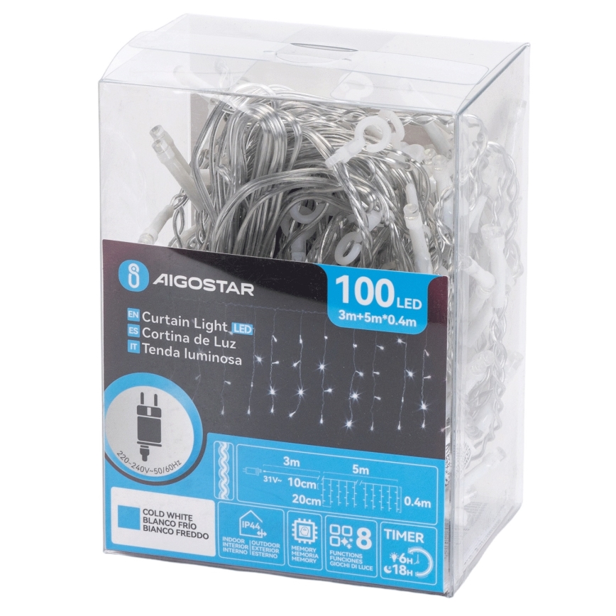Aigostar - LED ulkovaloketju 100xLED/8 toimintoa 5x0,4m IP44 kylmänvalkoinen