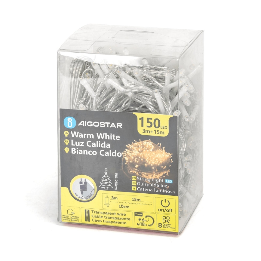 Aigostar - LED-ulkovaloketju 150 LEDiä, 8 toimintoa, 18 m, IP44, lämmin valkoinen