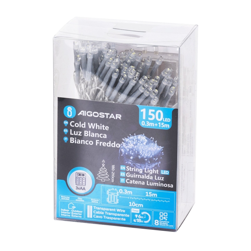 Aigostar - LED-ulkovaloketju 150xLED/8 toimintoa 15,3m IP44 kylmänvalkoinen