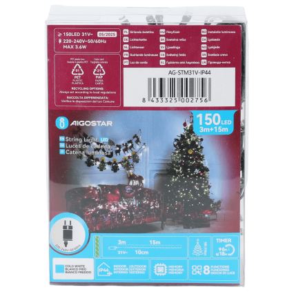 Aigostar - LED-ulkovaloketju 150xLED/8 toimintoa 18m IP44 kylmänvalkoinen