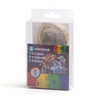 Aigostar - LED ulkokäyttöinen valosarja 150xLED/8 valaistustilaa/3xAA 15,3m IP44 monivärinen