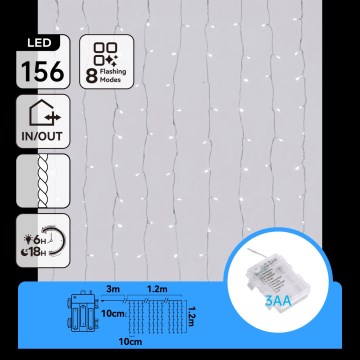 Aigostar - LED ulkovaloketju 156xLED/8 toimintoa 3xAA 4,2x1,2m IP44 kylmänvalkoinen