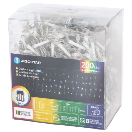 Aigostar - LED-ulkokäyttöinen jouluvaloketju 200xLED/8 toimintoa 3xAA 13x0,4m IP44 monivärinen