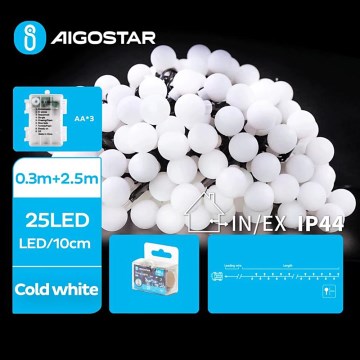Aigostar - LED-ulkovaloketju 25xLED/3xAA/8 toimintoa 2,8 m IP44 kylmä valkoinen