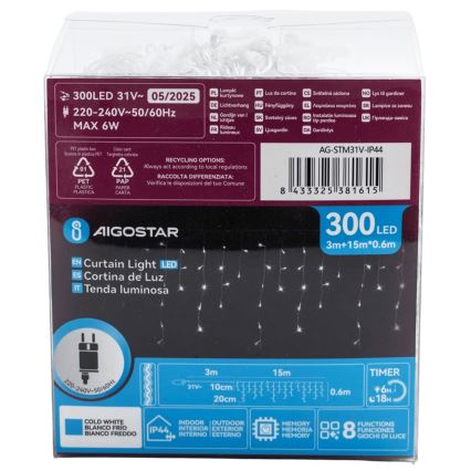 Aigostar - LED-ulkokoristevalosarja 300xLED/6W/230V 15x0,6m IP44 kylmävalkoinen