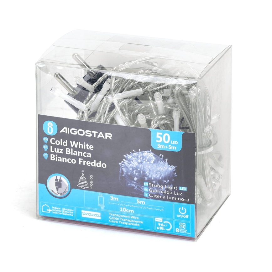 Aigostar - LED-ulkovaloketju 50 x LED / 8 toimintoa 8 m IP44 kylmä valkoinen