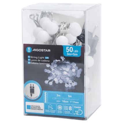 Aigostar - LED-ulkokoristevalosarja 50 lediä/8 toimintoa 5 m IP44 kylmä valkoinen