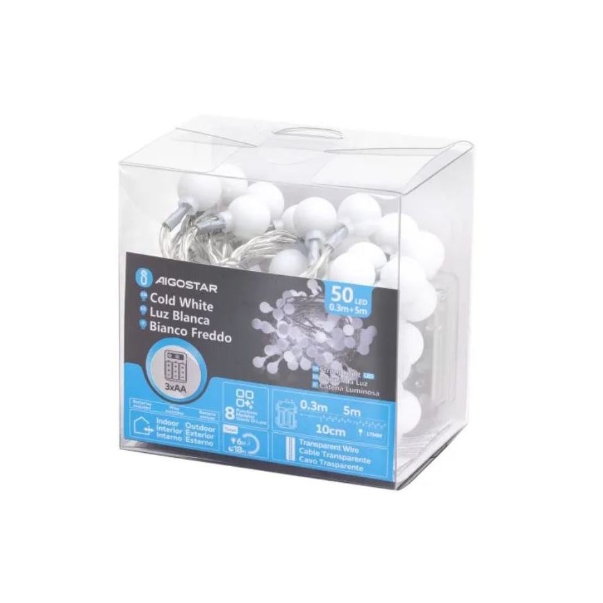 Aigostar - LED-ulkoketju 50xLED/3xAA/8 toimintoa 5,3 m IP44 kylmänvalkoinen
