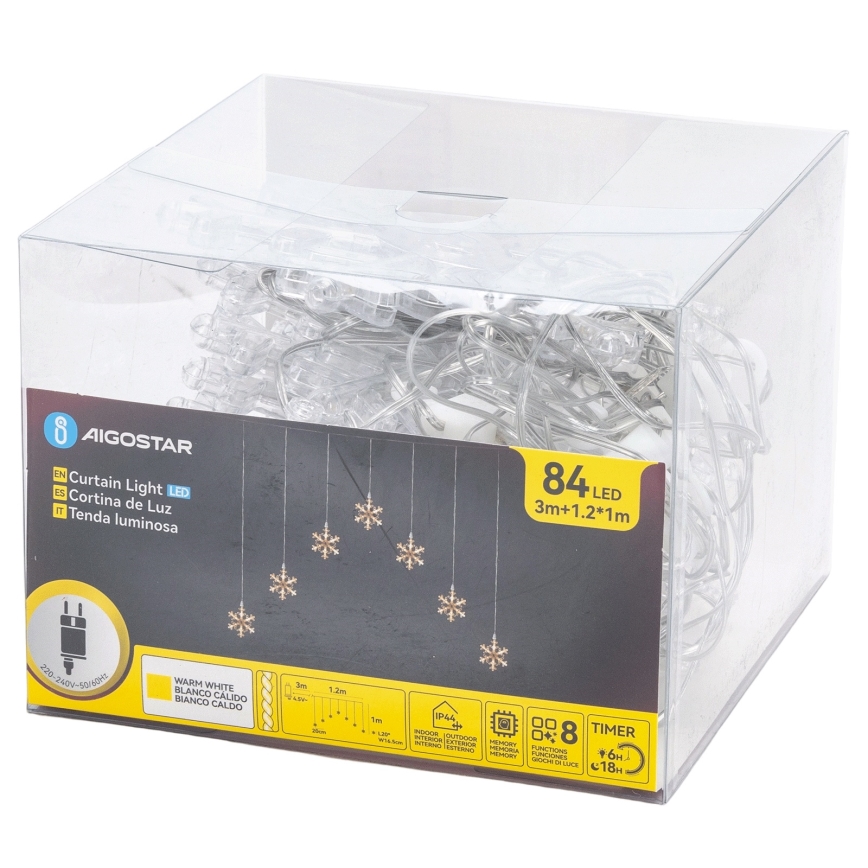 Aigostar - LED-ulkovaloketju 84xLED/8 toimintoa 1,2x1m IP44 lämmin valkoinen lumihiutaleilla