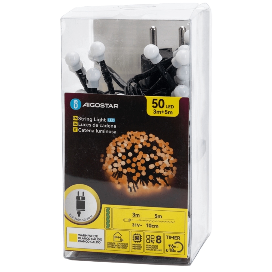 Aigostar - LED-ulkovaloketju joulukoriste, 50xLED/8 toimintoa, 8m, IP44, lämmin valkoinen